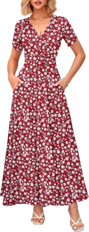 WNEEDU Women's Summer Maxi Dress Short Sleeves Wrap V Neck Long Dresses with Pockets