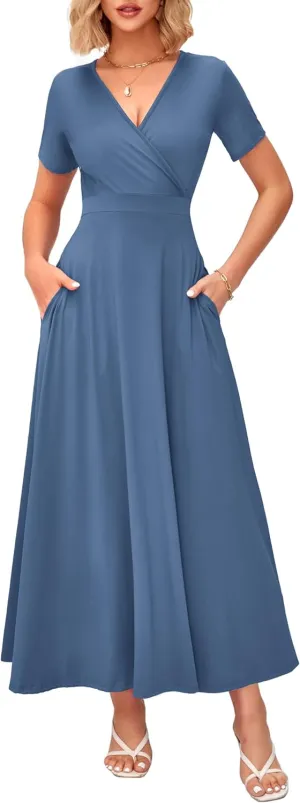 WNEEDU Women's Summer Maxi Dress Short Sleeves Wrap V Neck Long Dresses with Pockets