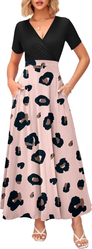 WNEEDU Women's Summer Maxi Dress Short Sleeves Wrap V Neck Long Dresses with Pockets