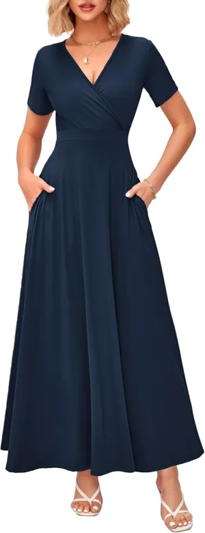 WNEEDU Women's Summer Maxi Dress Short Sleeves Wrap V Neck Long Dresses with Pockets