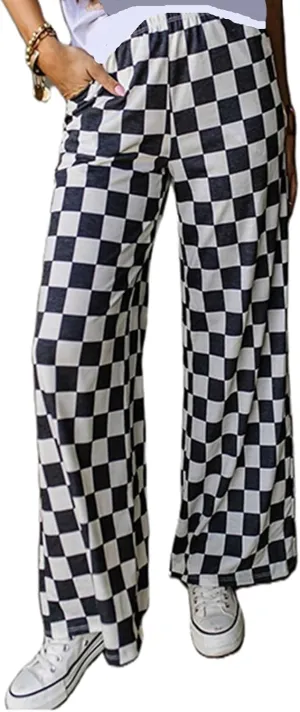 Women Checkered Pants Y2K High Waist Wide Leg Loose Fitted Gingham Lounge Pants Hip Hop Trouser Vintage Streetwear