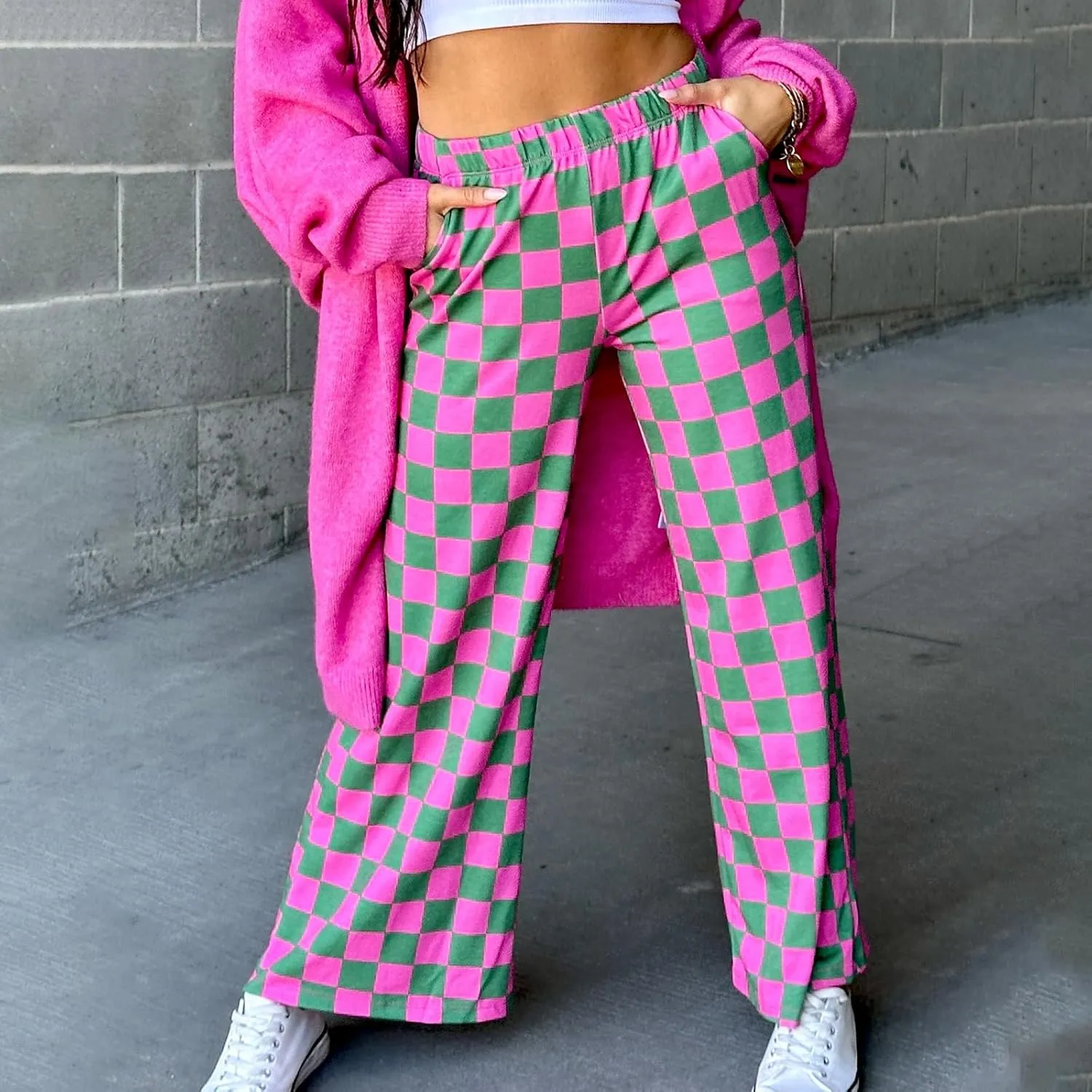Women Checkered Pants Y2K High Waist Wide Leg Loose Fitted Gingham Lounge Pants Hip Hop Trouser Vintage Streetwear