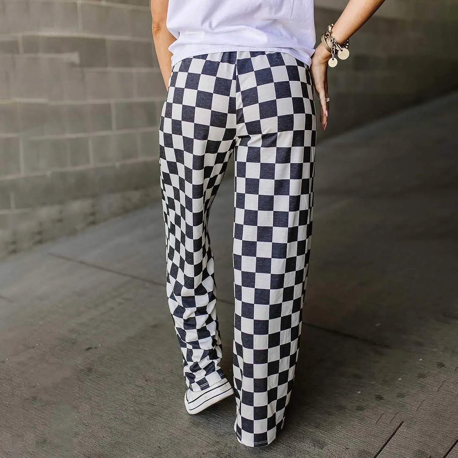 Women Checkered Pants Y2K High Waist Wide Leg Loose Fitted Gingham Lounge Pants Hip Hop Trouser Vintage Streetwear