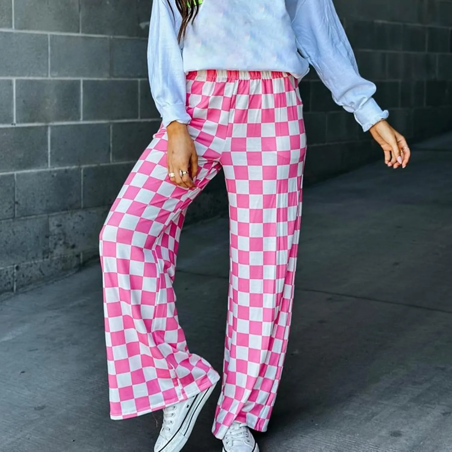Women Checkered Pants Y2K High Waist Wide Leg Loose Fitted Gingham Lounge Pants Hip Hop Trouser Vintage Streetwear