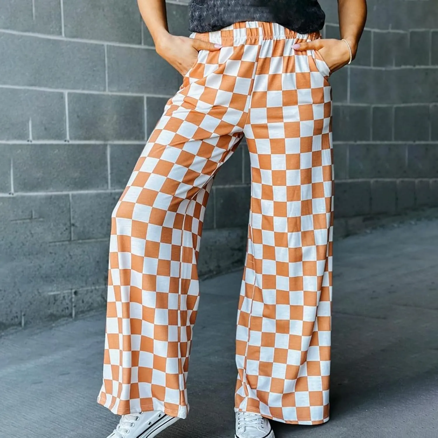 Women Checkered Pants Y2K High Waist Wide Leg Loose Fitted Gingham Lounge Pants Hip Hop Trouser Vintage Streetwear