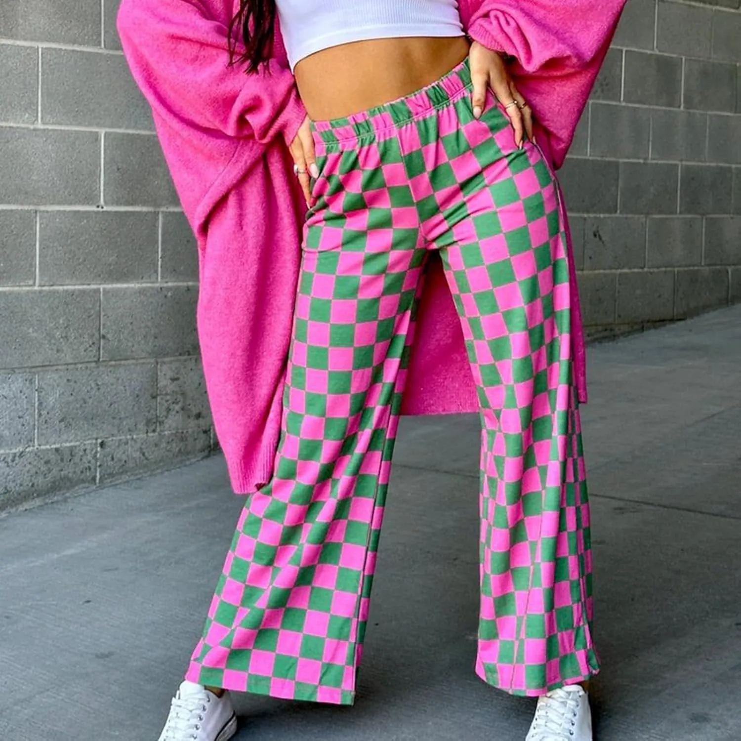 Women Checkered Pants Y2K High Waist Wide Leg Loose Fitted Gingham Lounge Pants Hip Hop Trouser Vintage Streetwear