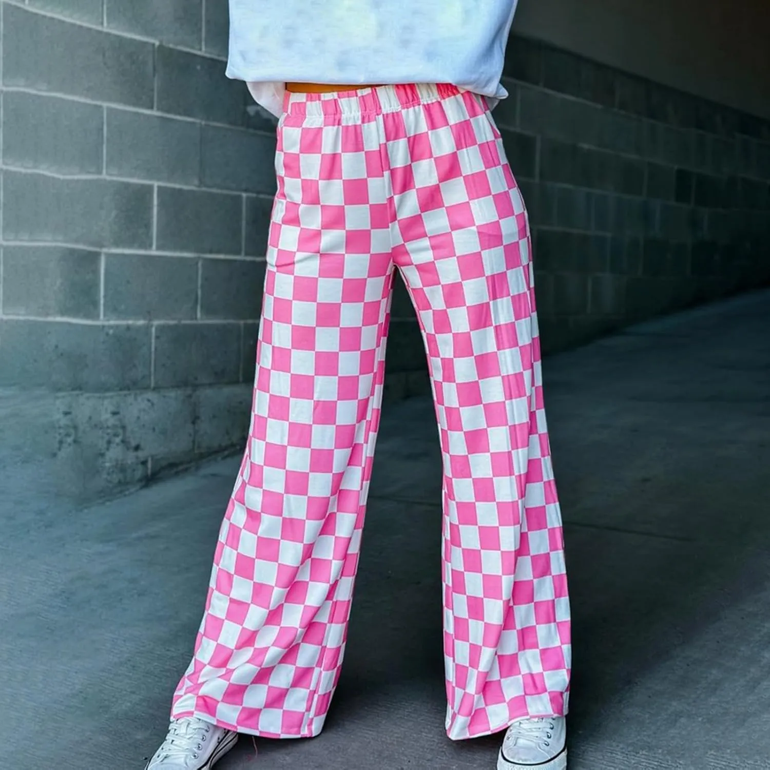Women Checkered Pants Y2K High Waist Wide Leg Loose Fitted Gingham Lounge Pants Hip Hop Trouser Vintage Streetwear