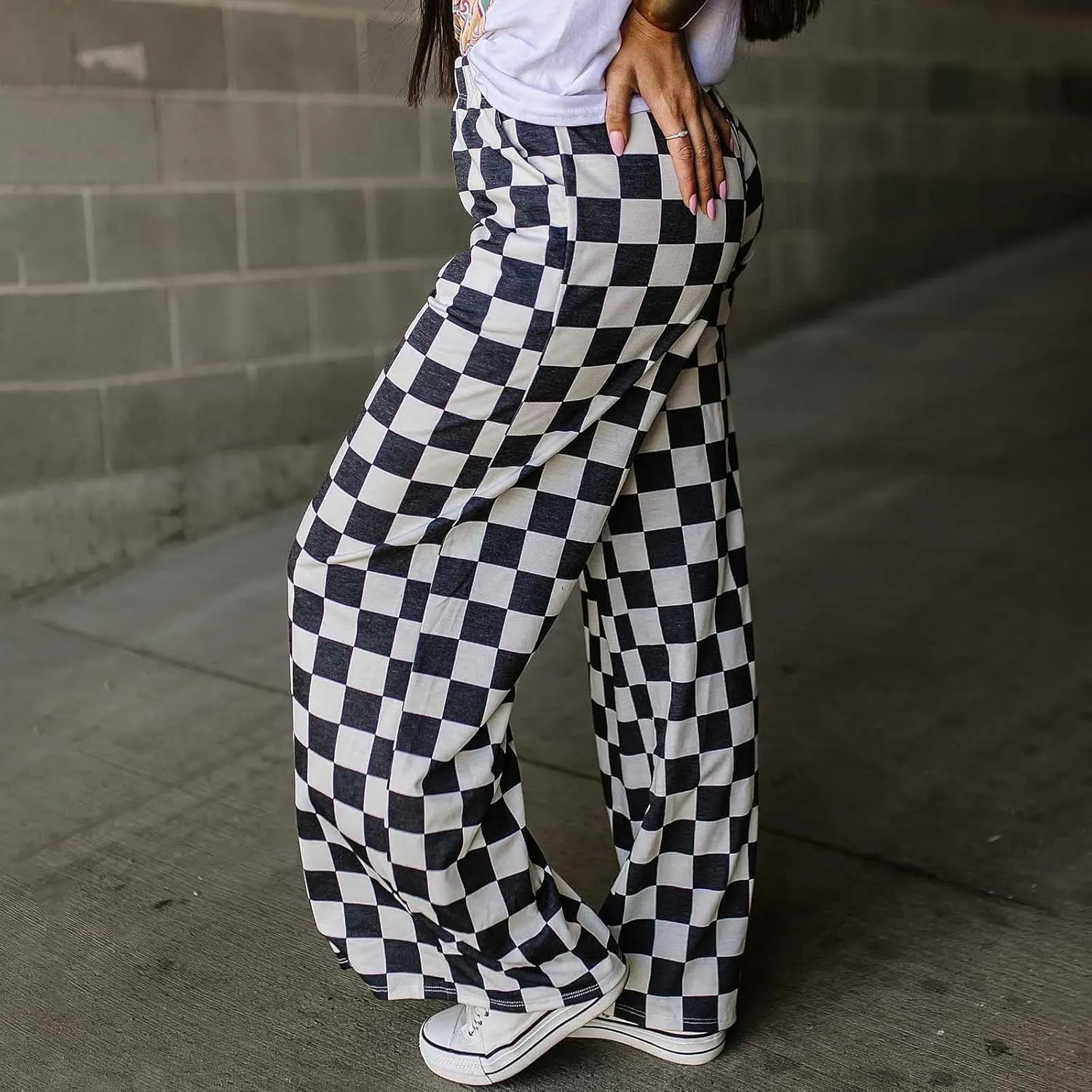 Women Checkered Pants Y2K High Waist Wide Leg Loose Fitted Gingham Lounge Pants Hip Hop Trouser Vintage Streetwear