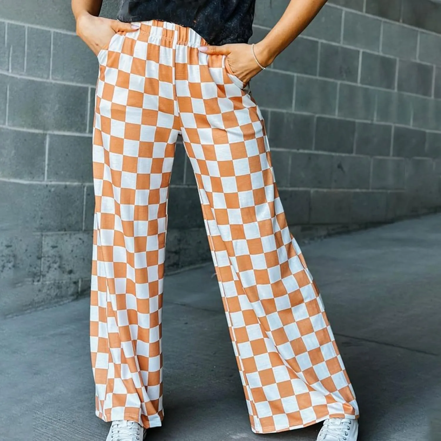 Women Checkered Pants Y2K High Waist Wide Leg Loose Fitted Gingham Lounge Pants Hip Hop Trouser Vintage Streetwear