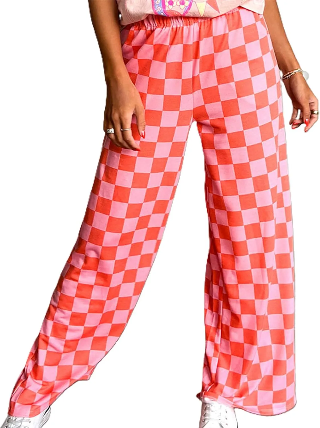 Women Checkered Pants Y2K High Waist Wide Leg Loose Fitted Gingham Lounge Pants Hip Hop Trouser Vintage Streetwear