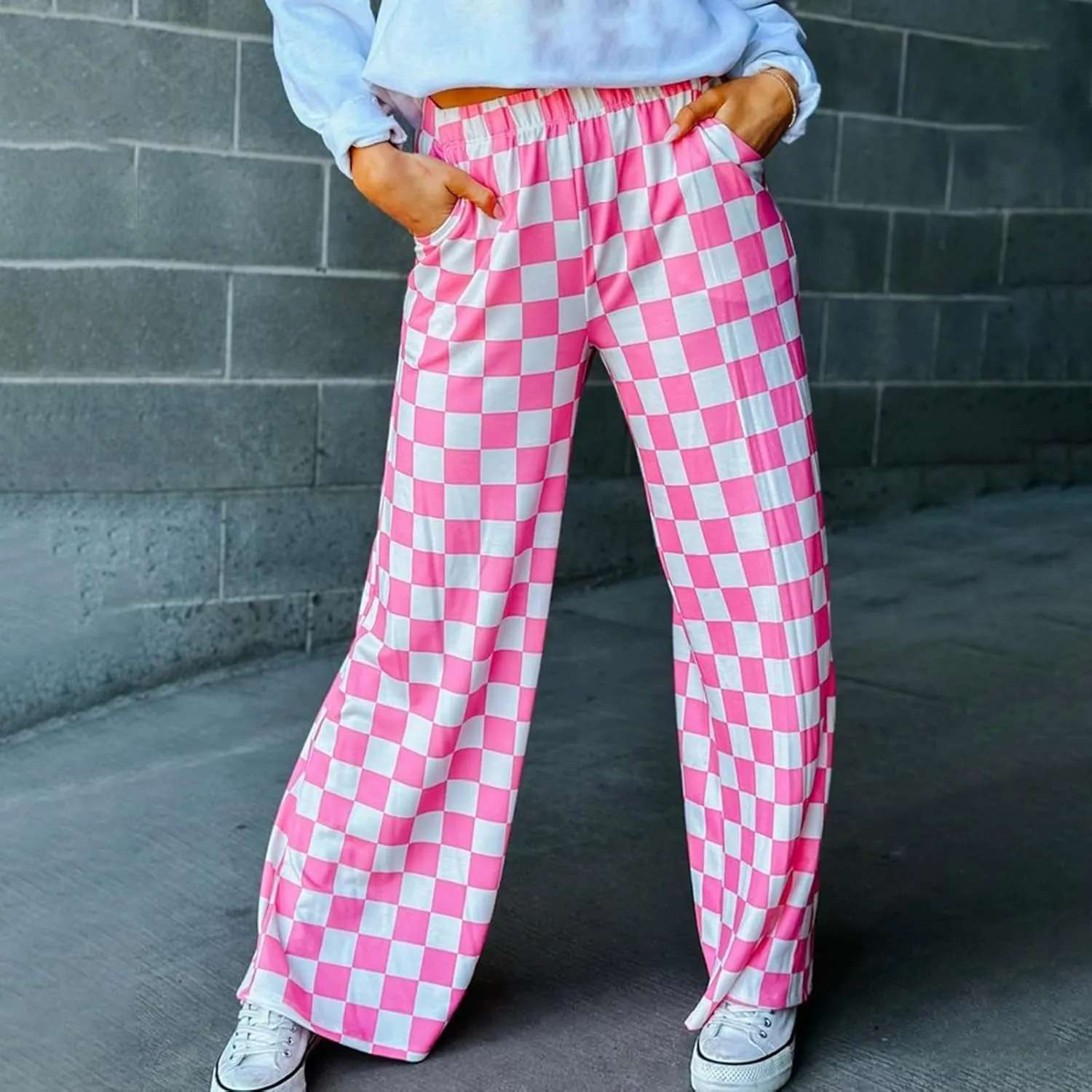 Women Checkered Pants Y2K High Waist Wide Leg Loose Fitted Gingham Lounge Pants Hip Hop Trouser Vintage Streetwear