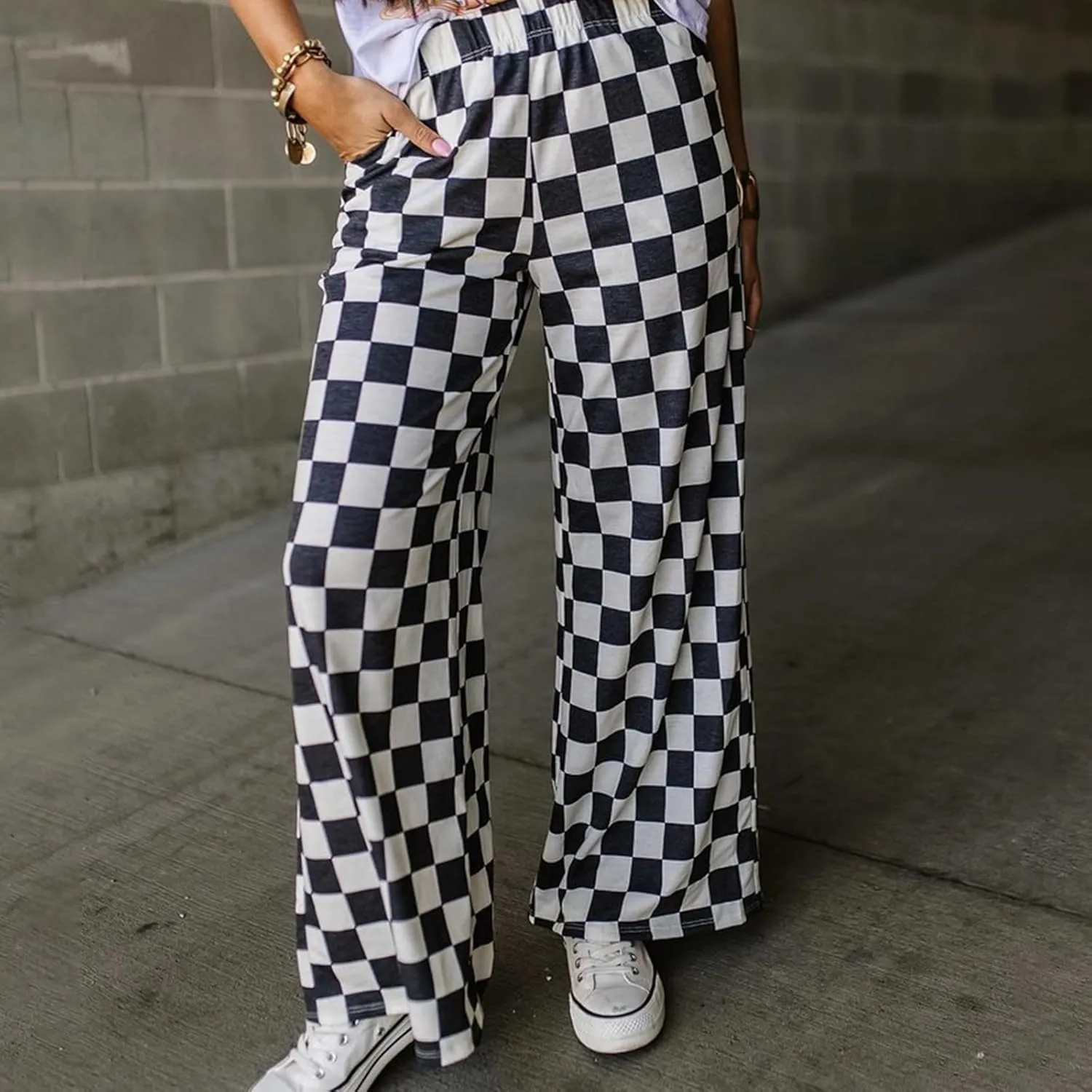 Women Checkered Pants Y2K High Waist Wide Leg Loose Fitted Gingham Lounge Pants Hip Hop Trouser Vintage Streetwear