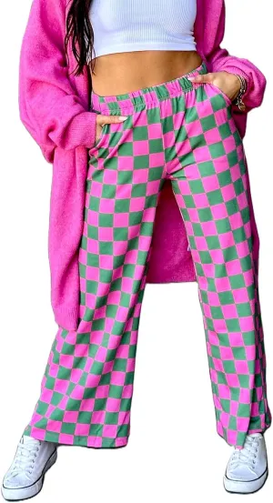 Women Checkered Pants Y2K High Waist Wide Leg Loose Fitted Gingham Lounge Pants Hip Hop Trouser Vintage Streetwear