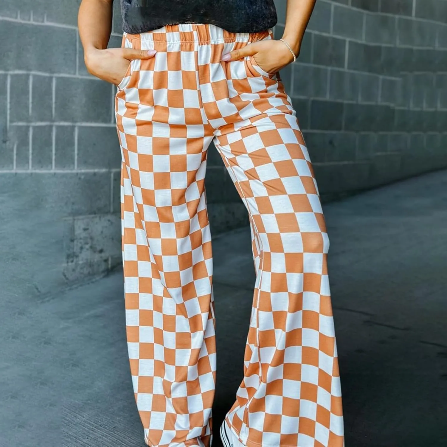 Women Checkered Pants Y2K High Waist Wide Leg Loose Fitted Gingham Lounge Pants Hip Hop Trouser Vintage Streetwear