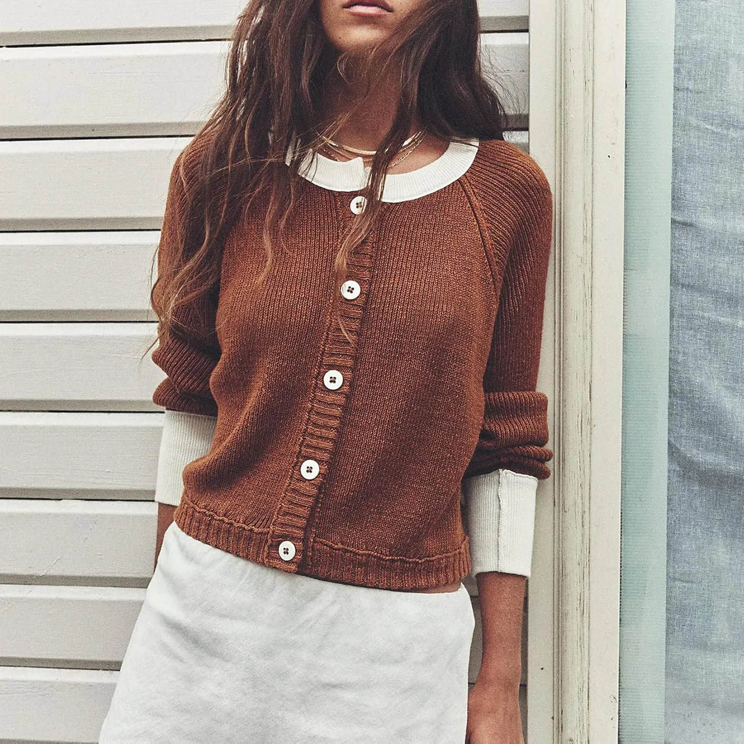 Women Contrast Knitted Cardigan Long Sleeve Button Front Sweater Y2k Classic Knit Tops Warm Outerwear