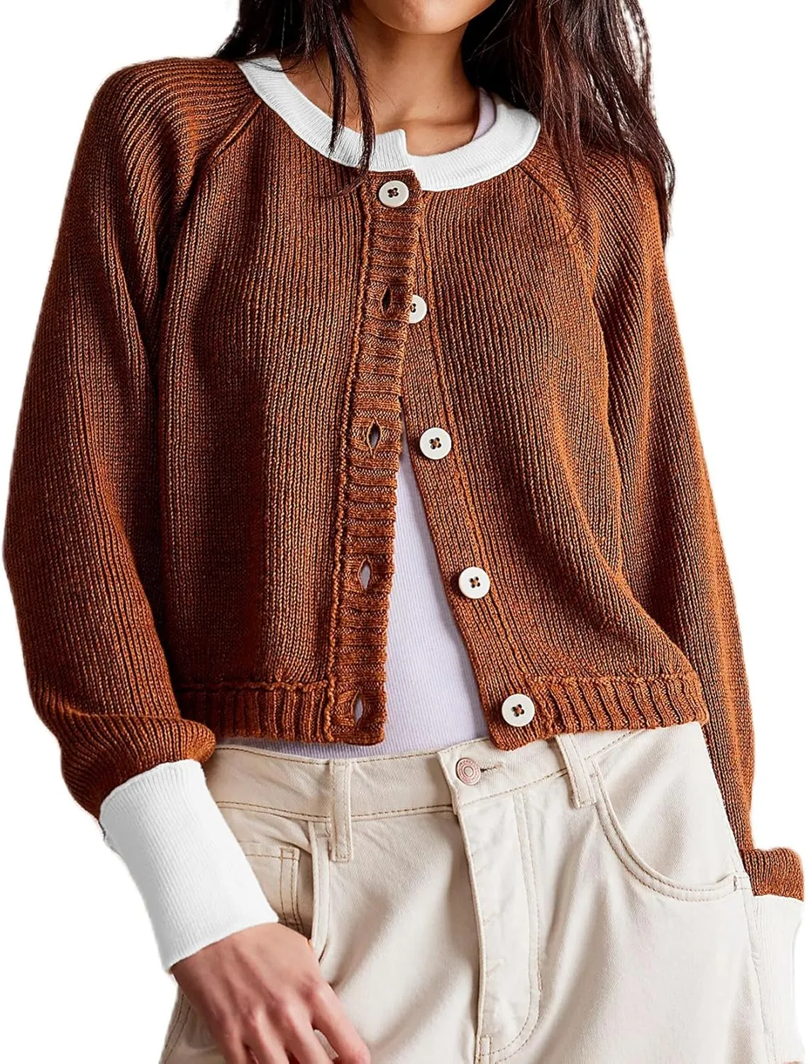 Women Contrast Knitted Cardigan Long Sleeve Button Front Sweater Y2k Classic Knit Tops Warm Outerwear