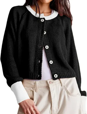 Women Contrast Knitted Cardigan Long Sleeve Button Front Sweater Y2k Classic Knit Tops Warm Outerwear