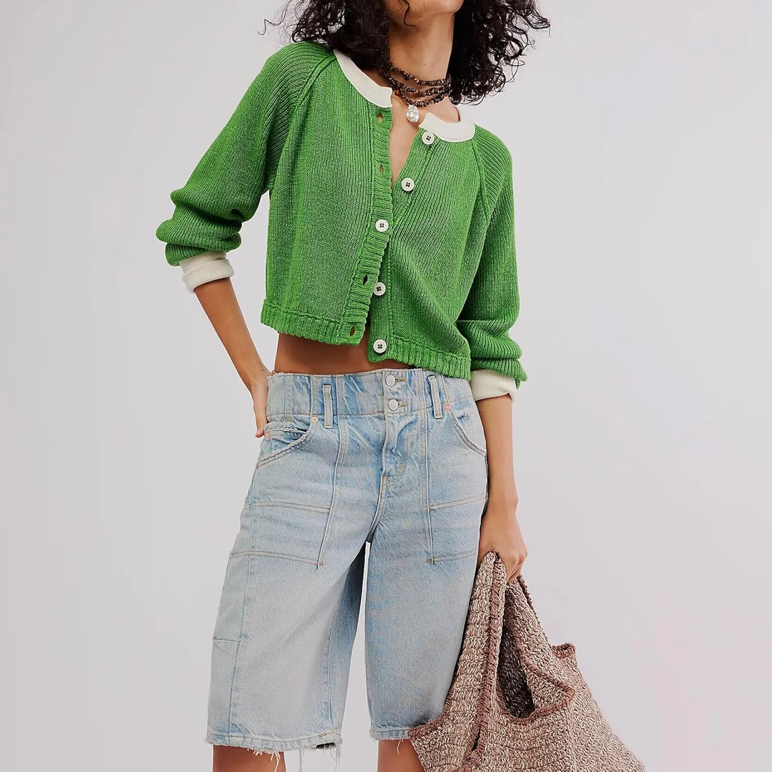 Women Contrast Knitted Cardigan Long Sleeve Button Front Sweater Y2k Classic Knit Tops Warm Outerwear