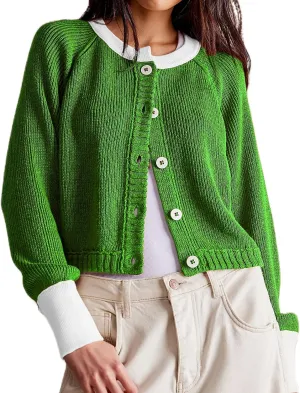 Women Contrast Knitted Cardigan Long Sleeve Button Front Sweater Y2k Classic Knit Tops Warm Outerwear