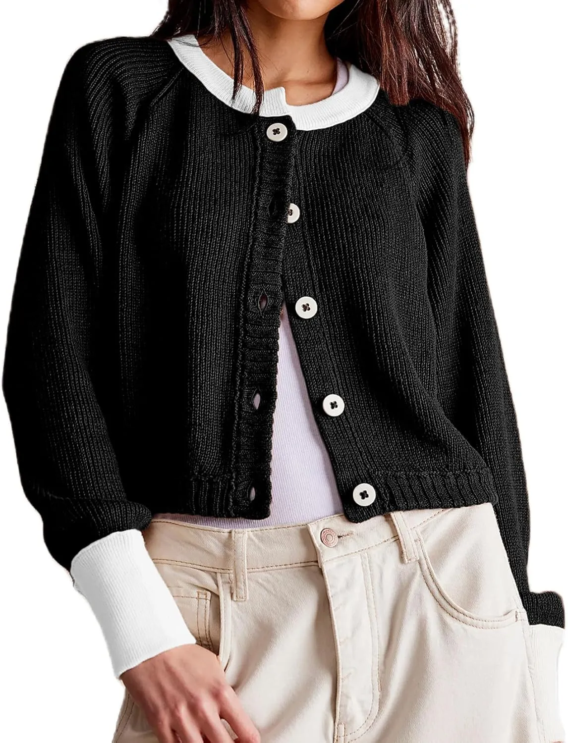 Women Contrast Knitted Cardigan Long Sleeve Button Front Sweater Y2k Classic Knit Tops Warm Outerwear