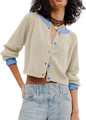 Women Contrast Knitted Cardigan Long Sleeve Button Front Sweater Y2k Classic Knit Tops Warm Outerwear