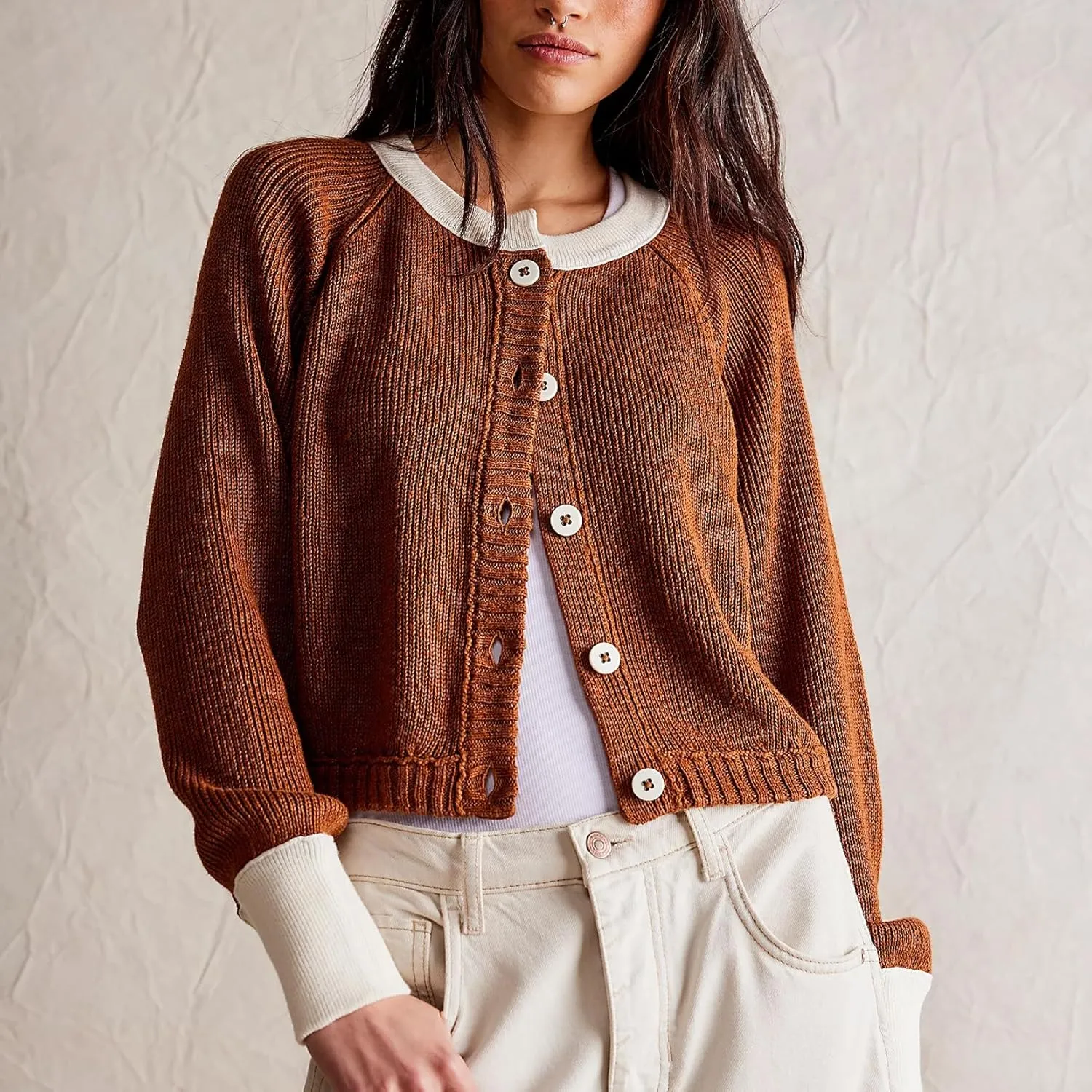 Women Contrast Knitted Cardigan Long Sleeve Button Front Sweater Y2k Classic Knit Tops Warm Outerwear