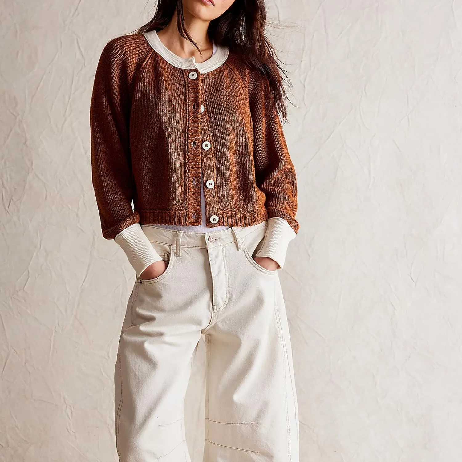 Women Contrast Knitted Cardigan Long Sleeve Button Front Sweater Y2k Classic Knit Tops Warm Outerwear