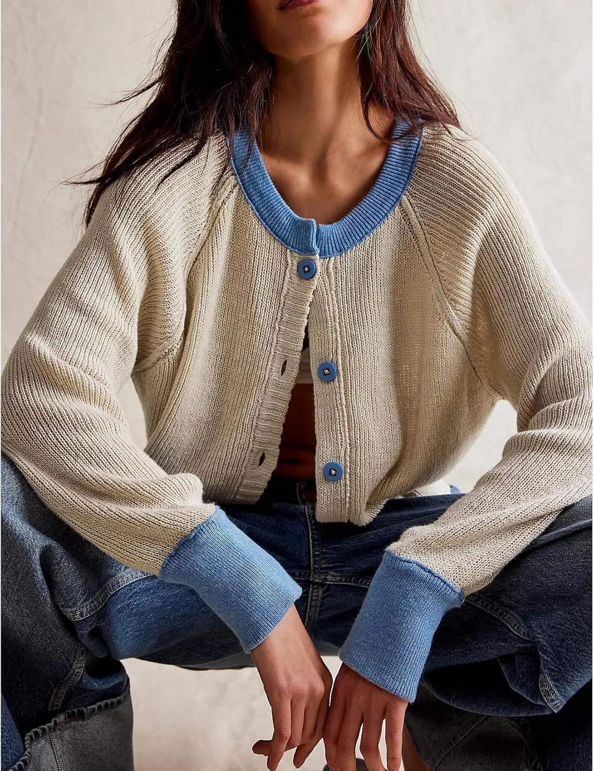 Women Contrast Knitted Cardigan Long Sleeve Button Front Sweater Y2k Classic Knit Tops Warm Outerwear