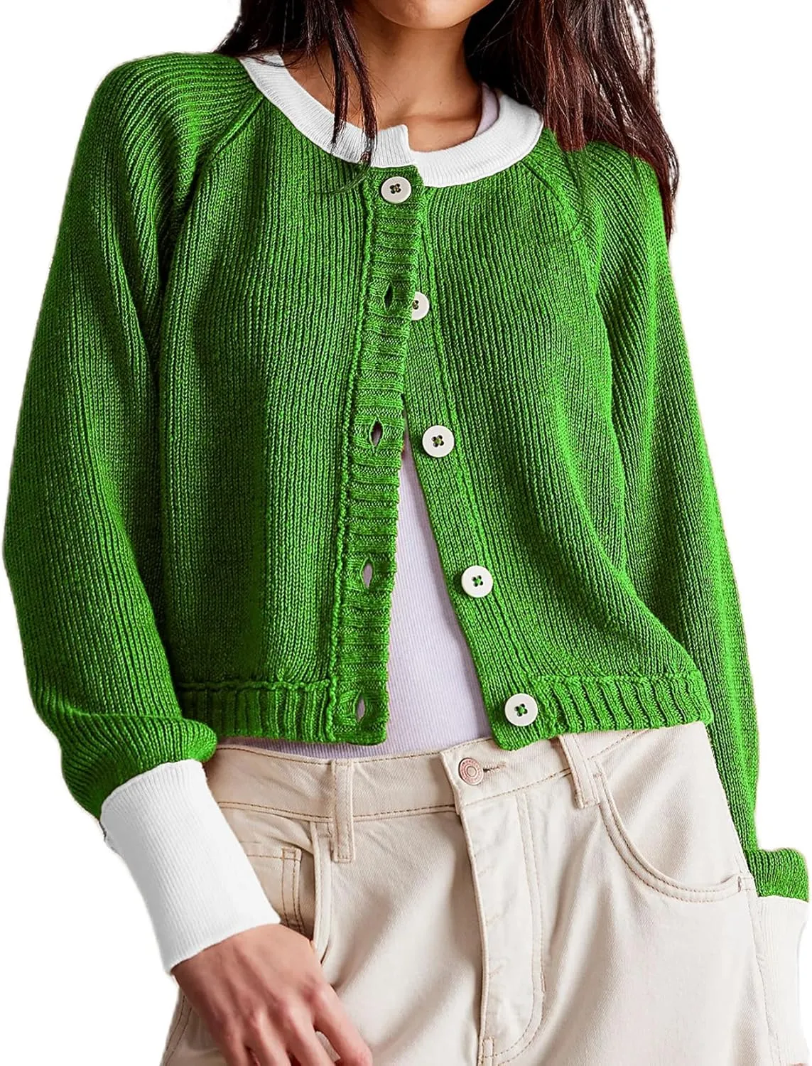 Women Contrast Knitted Cardigan Long Sleeve Button Front Sweater Y2k Classic Knit Tops Warm Outerwear