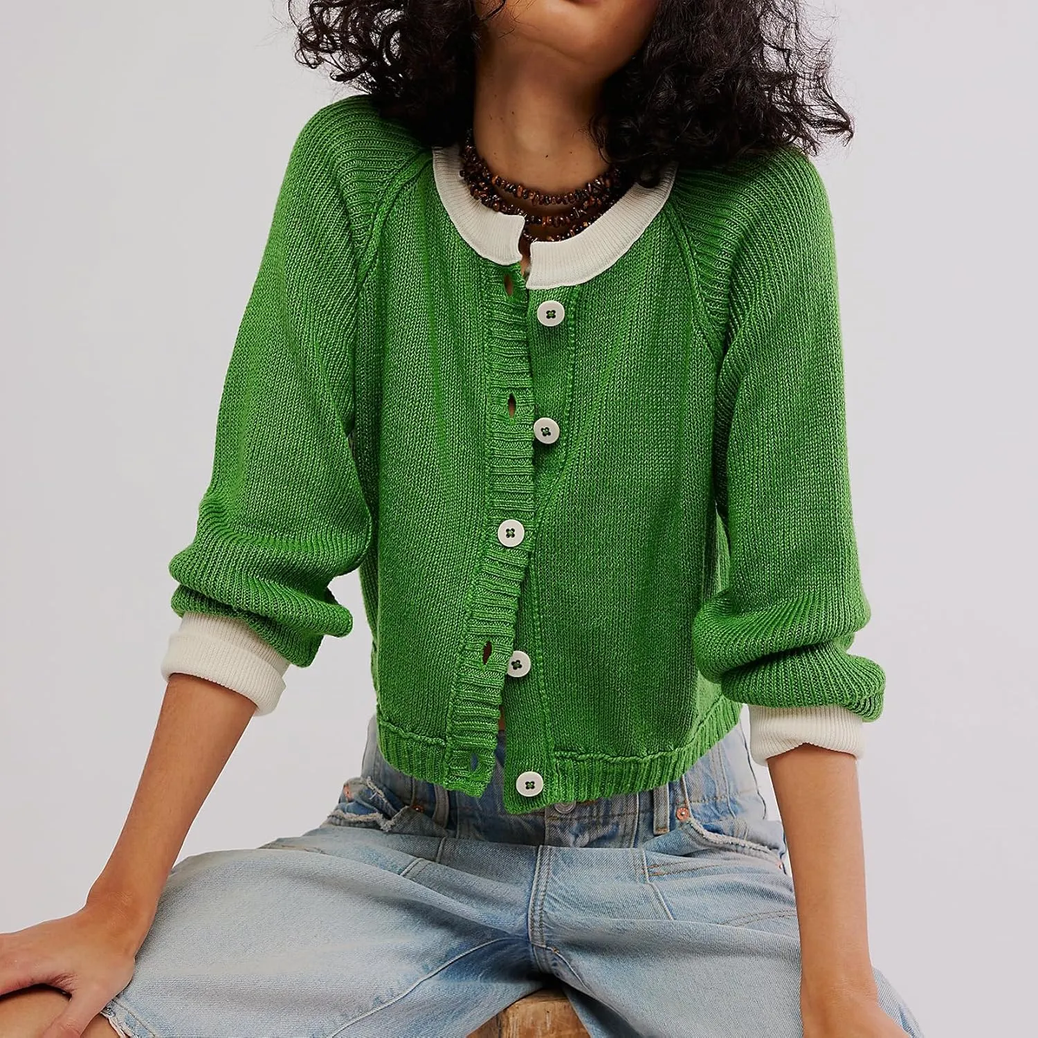 Women Contrast Knitted Cardigan Long Sleeve Button Front Sweater Y2k Classic Knit Tops Warm Outerwear