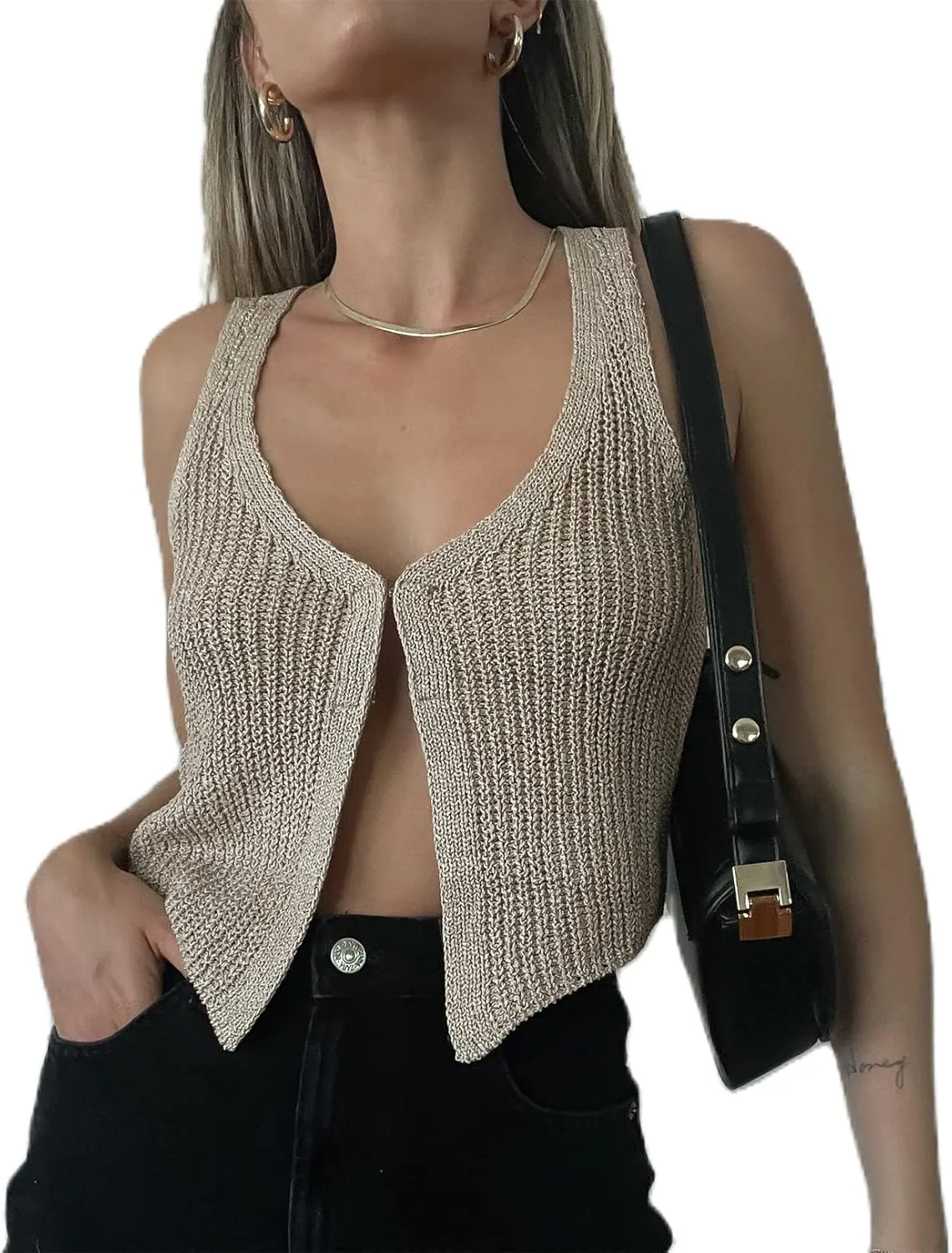 Women Crochet Knit Vest Solid Hollow Out Button Down V Neck Sleeveless Crop Top Vintage Casual Versatile Streetwear