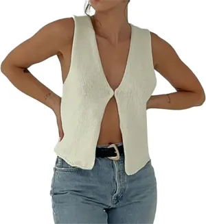 Women Crochet Knit Vest Solid Hollow Out Button Down V Neck Sleeveless Crop Top Vintage Casual Versatile Streetwear
