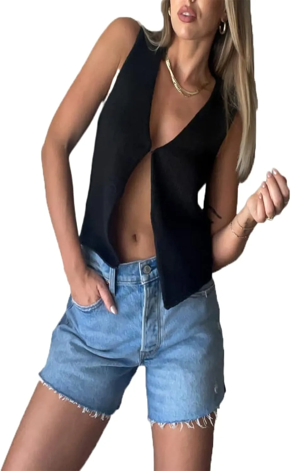 Women Crochet Knit Vest Solid Hollow Out Button Down V Neck Sleeveless Crop Top Vintage Casual Versatile Streetwear