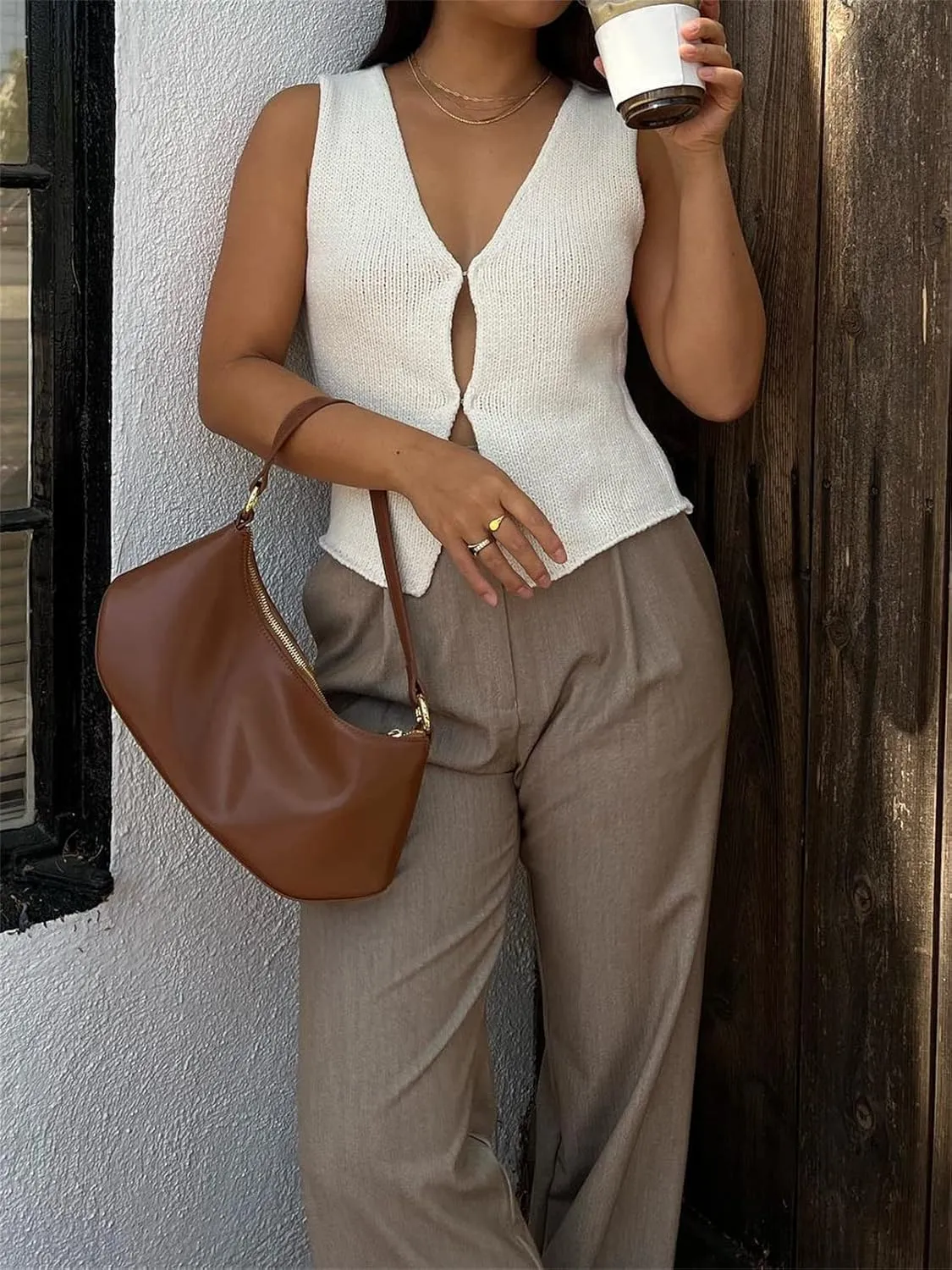 Women Crochet Knit Vest Solid Hollow Out Button Down V Neck Sleeveless Crop Top Vintage Casual Versatile Streetwear