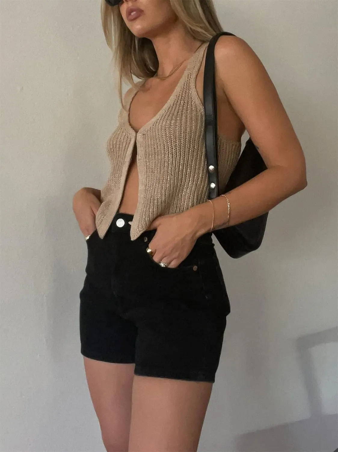 Women Crochet Knit Vest Solid Hollow Out Button Down V Neck Sleeveless Crop Top Vintage Casual Versatile Streetwear