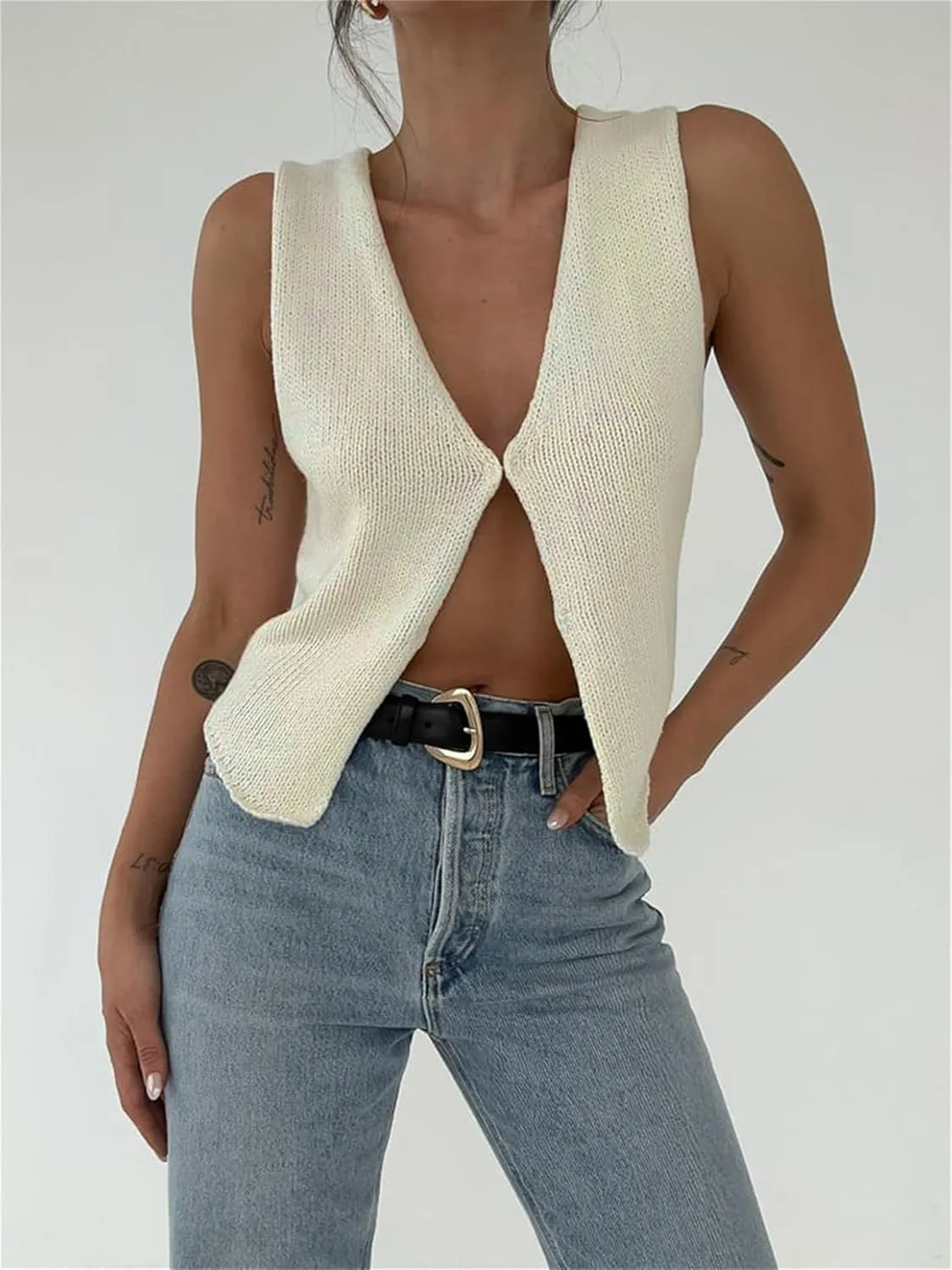 Women Crochet Knit Vest Solid Hollow Out Button Down V Neck Sleeveless Crop Top Vintage Casual Versatile Streetwear
