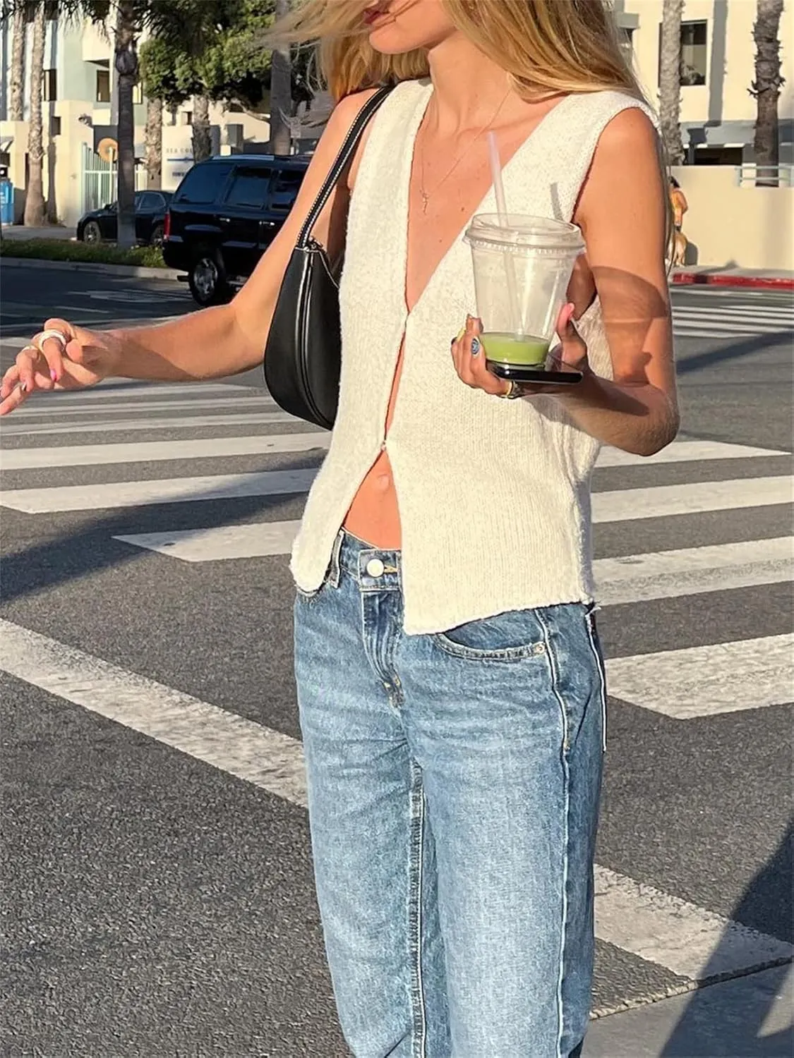 Women Crochet Knit Vest Solid Hollow Out Button Down V Neck Sleeveless Crop Top Vintage Casual Versatile Streetwear
