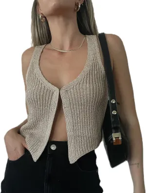 Women Crochet Knit Vest Solid Hollow Out Button Down V Neck Sleeveless Crop Top Vintage Casual Versatile Streetwear