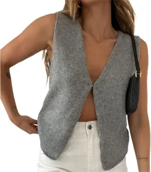 Women Crochet Knit Vest Solid Hollow Out Button Down V Neck Sleeveless Crop Top Vintage Casual Versatile Streetwear