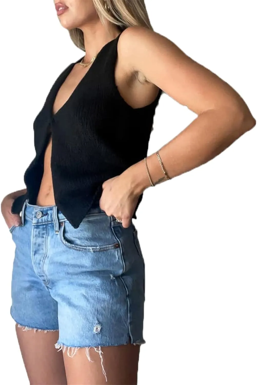 Women Crochet Knit Vest Solid Hollow Out Button Down V Neck Sleeveless Crop Top Vintage Casual Versatile Streetwear