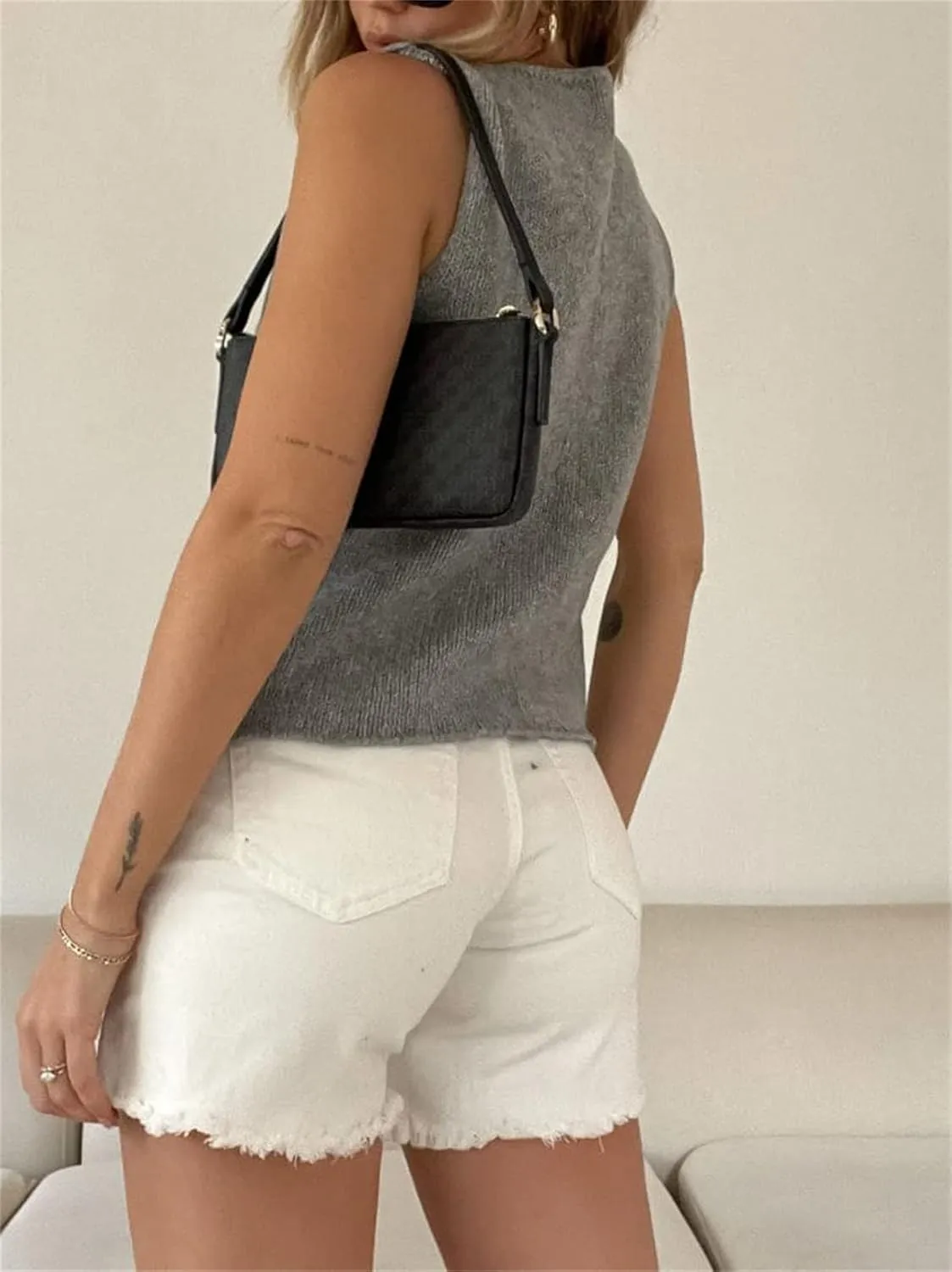 Women Crochet Knit Vest Solid Hollow Out Button Down V Neck Sleeveless Crop Top Vintage Casual Versatile Streetwear