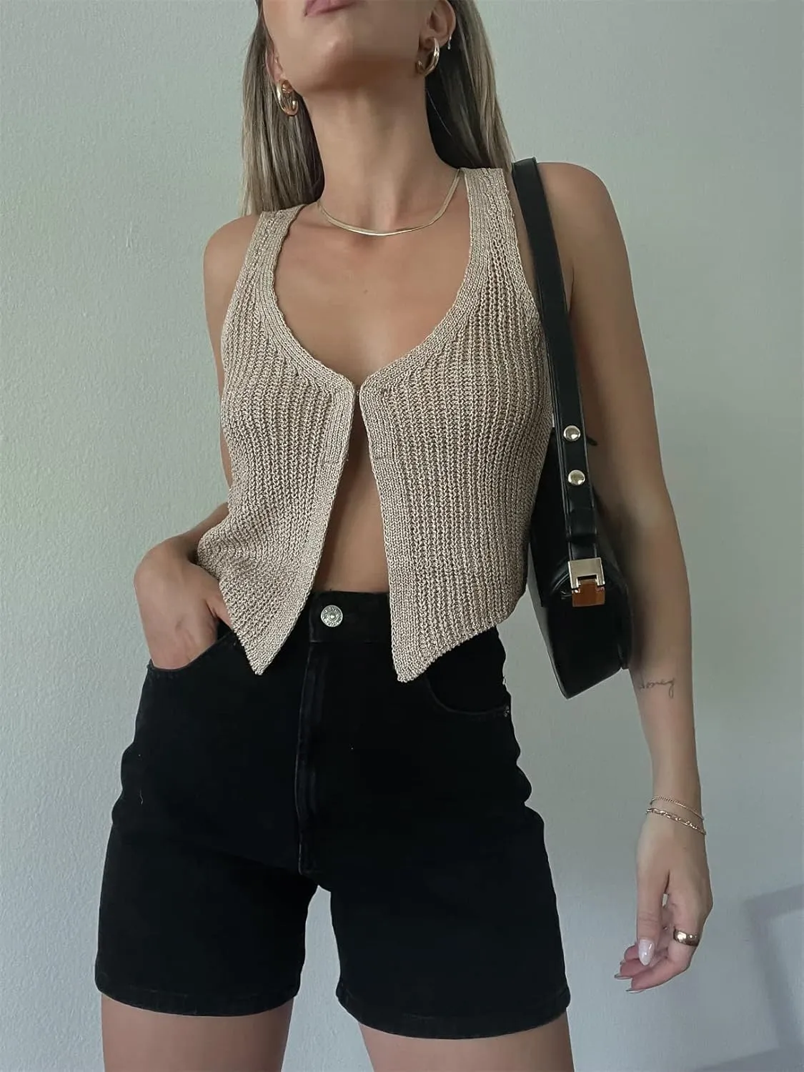 Women Crochet Knit Vest Solid Hollow Out Button Down V Neck Sleeveless Crop Top Vintage Casual Versatile Streetwear