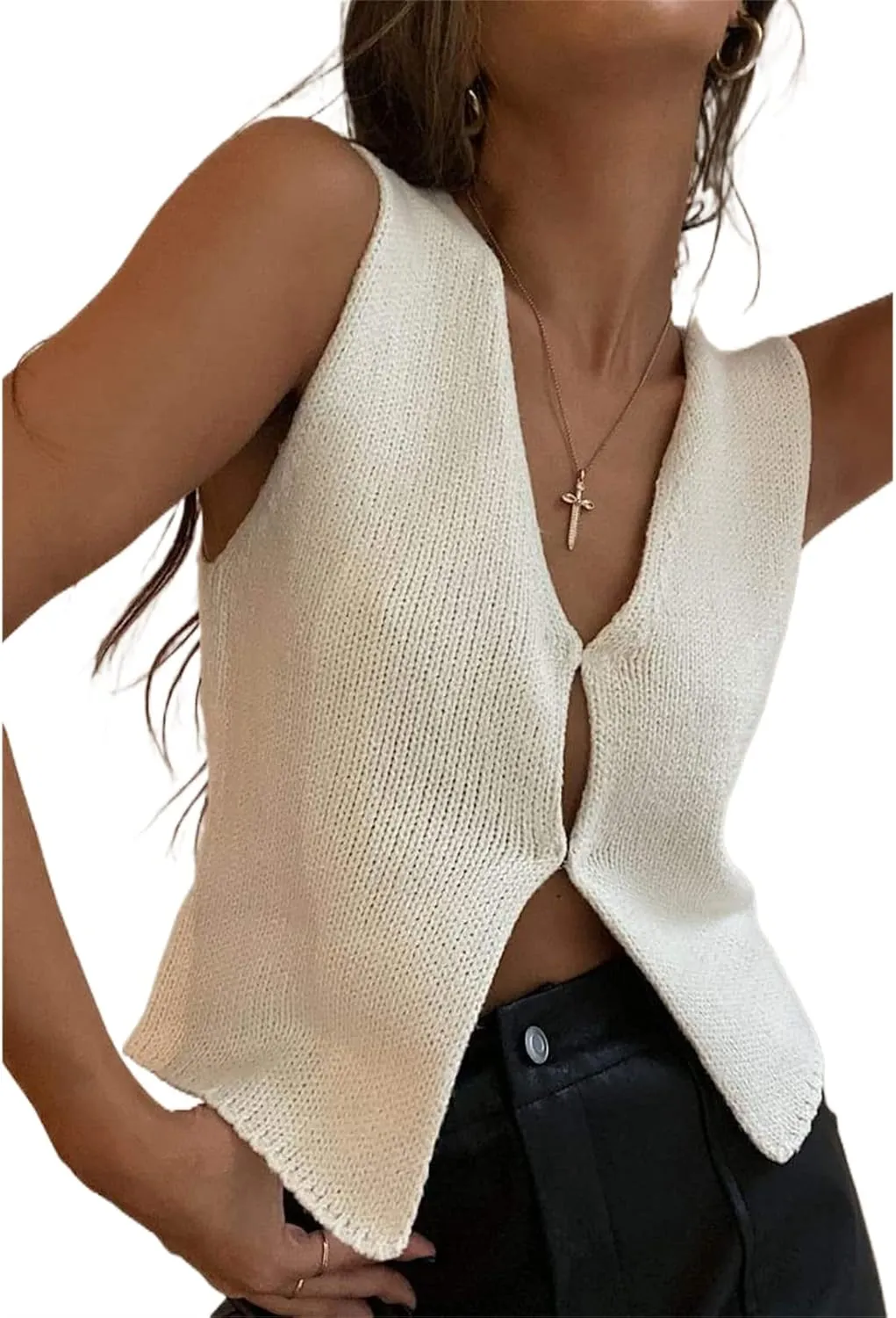 Women Crochet Knit Vest Solid Hollow Out Button Down V Neck Sleeveless Crop Top Vintage Casual Versatile Streetwear