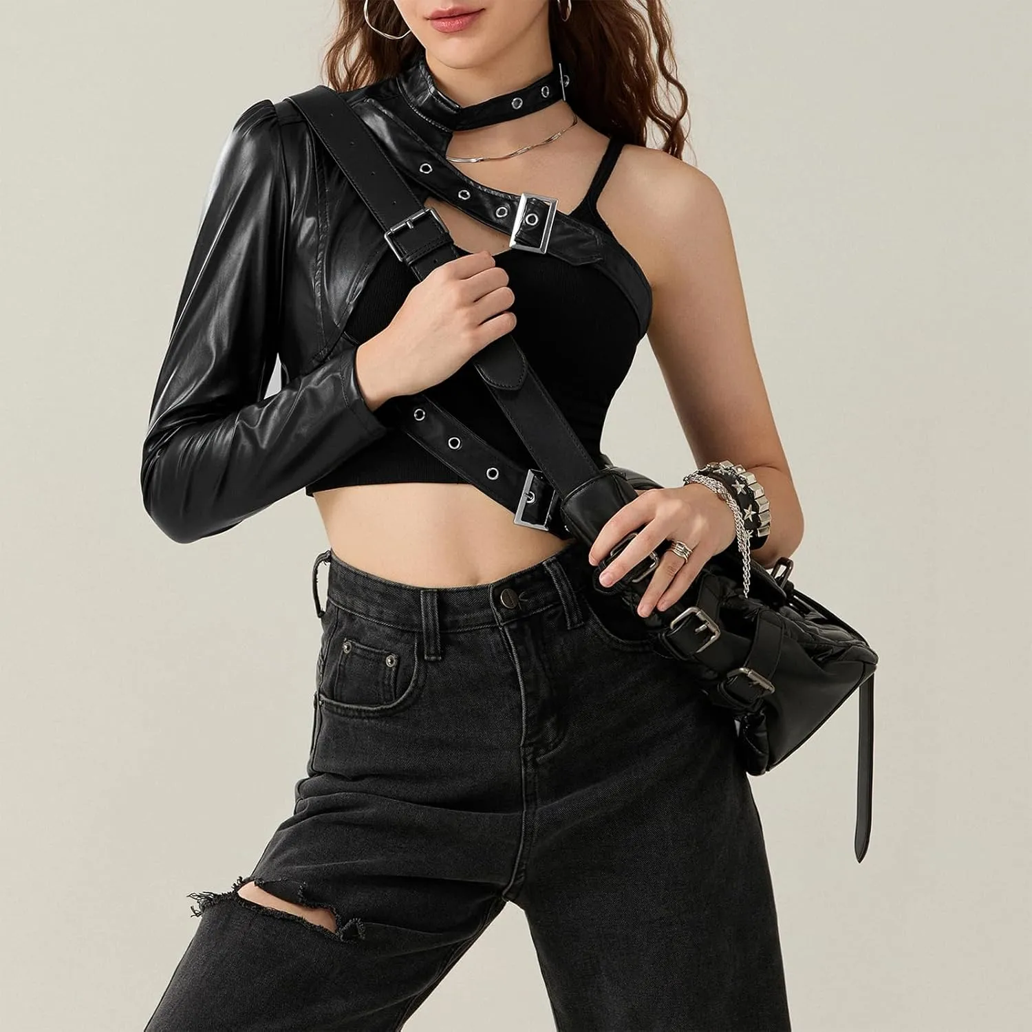 Women Faux Leather Crop Tops One Shoulder Long Sleeve Punk Jacket Goth Nightout Club Party Tops