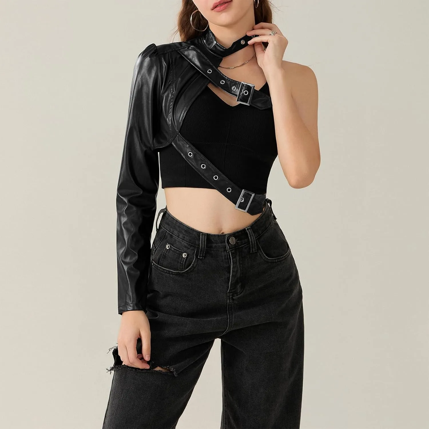 Women Faux Leather Crop Tops One Shoulder Long Sleeve Punk Jacket Goth Nightout Club Party Tops
