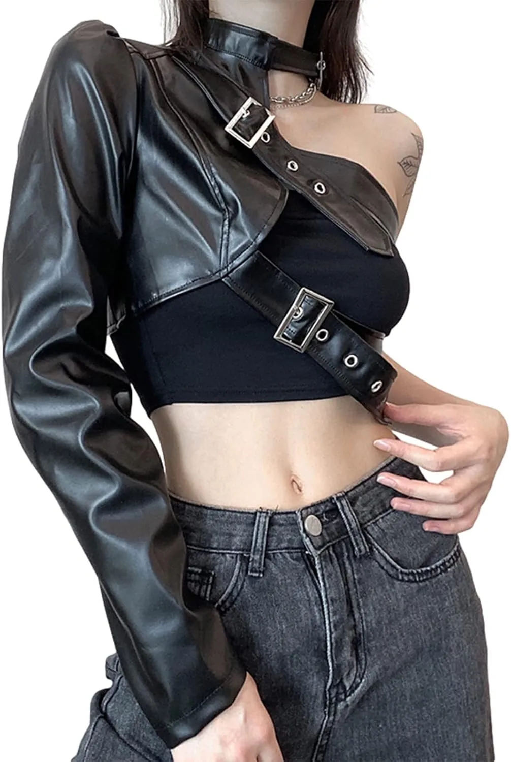 Women Faux Leather Crop Tops One Shoulder Long Sleeve Punk Jacket Goth Nightout Club Party Tops