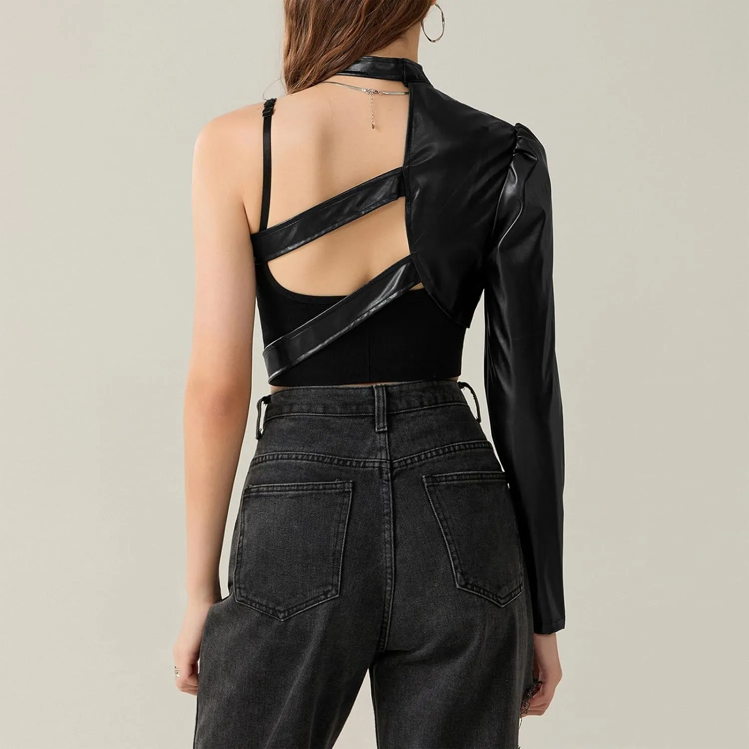 Women Faux Leather Crop Tops One Shoulder Long Sleeve Punk Jacket Goth Nightout Club Party Tops