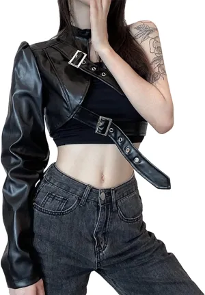 Women Faux Leather Crop Tops One Shoulder Long Sleeve Punk Jacket Goth Nightout Club Party Tops