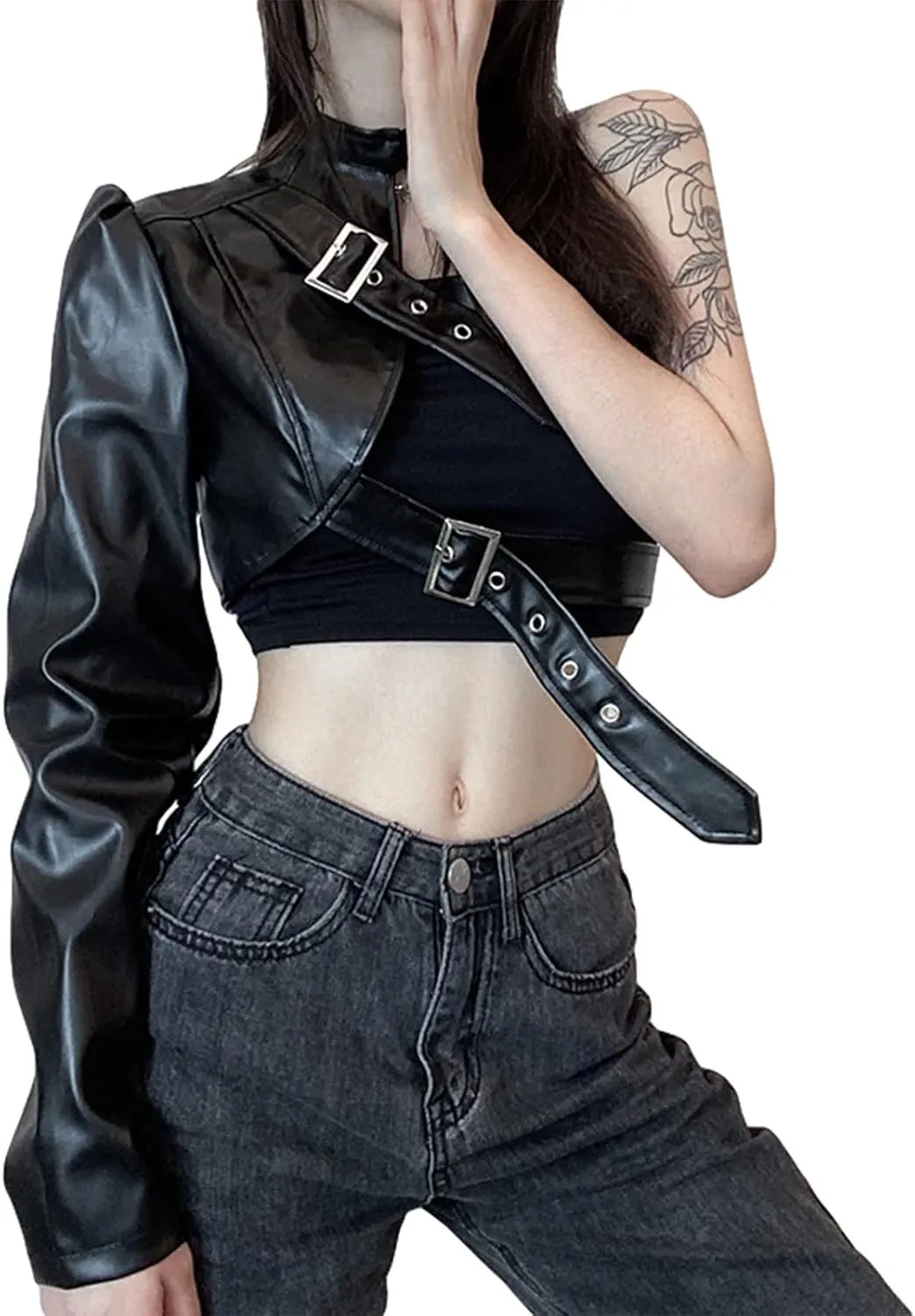 Women Faux Leather Crop Tops One Shoulder Long Sleeve Punk Jacket Goth Nightout Club Party Tops