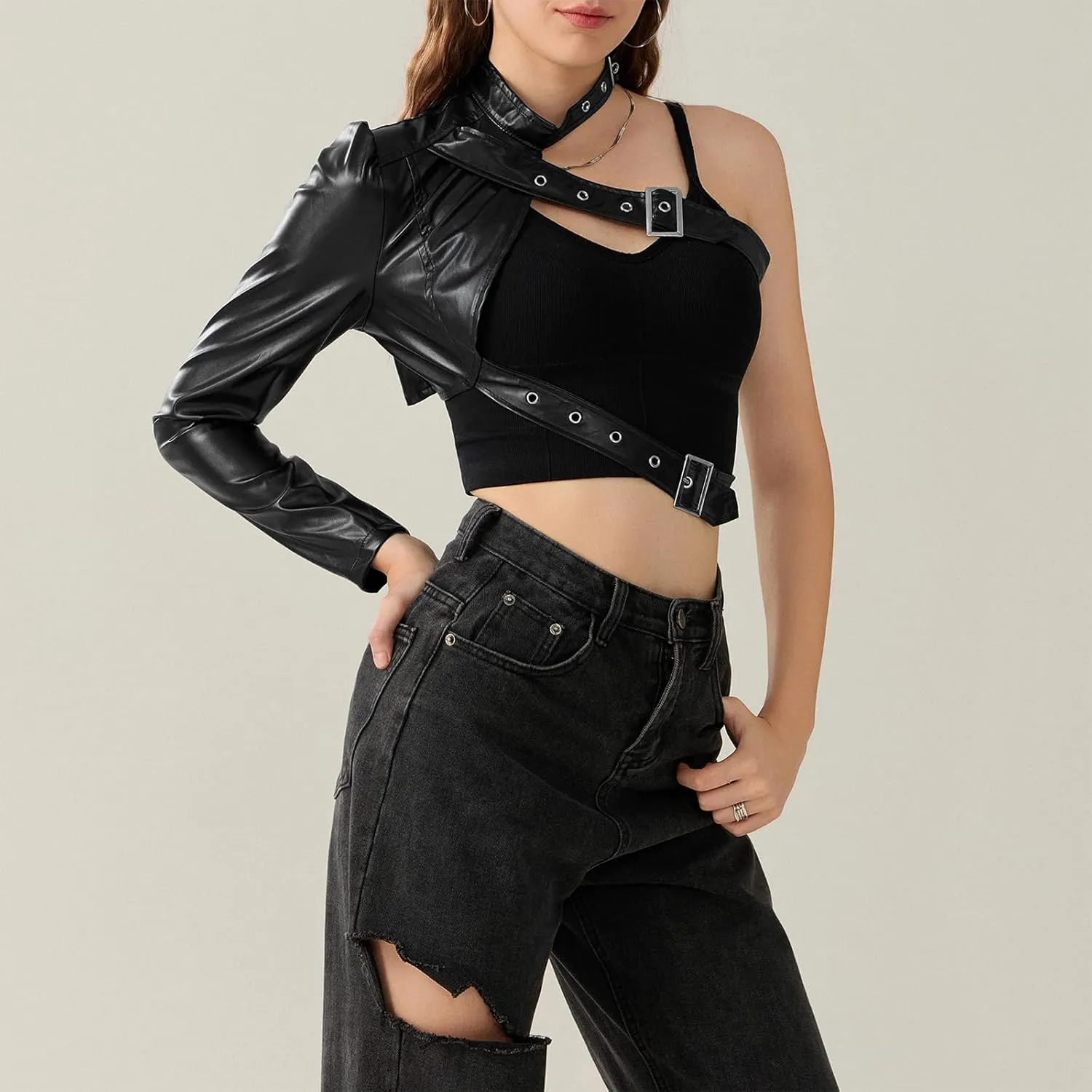 Women Faux Leather Crop Tops One Shoulder Long Sleeve Punk Jacket Goth Nightout Club Party Tops